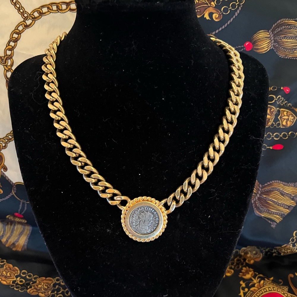 Vintage Ciner gold plates necklace with roman coin. Only worn a few times. 16 “
